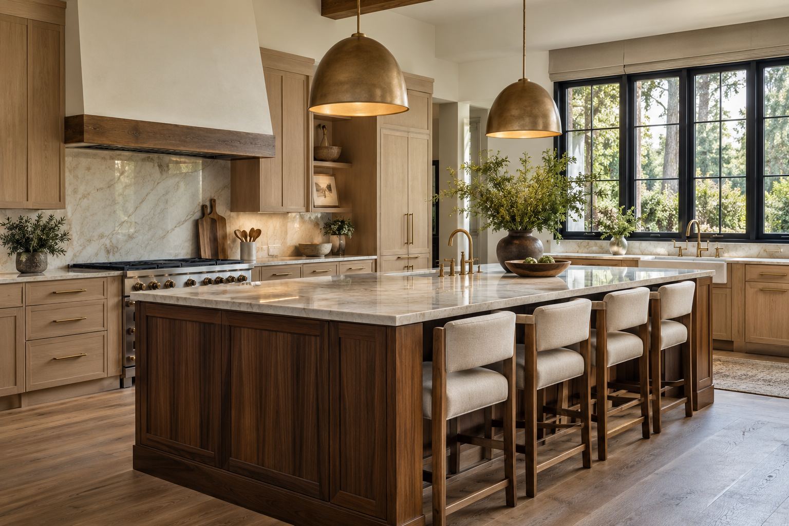 Kitchen design concept with a walnut island, pale stone countertops and warm wood cabinetry